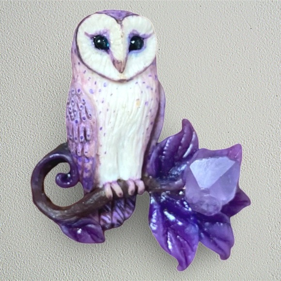 Anna Pangeya Jewelry - Artisan Owl Amethyst Brooch w/ Handpainted Gift Box